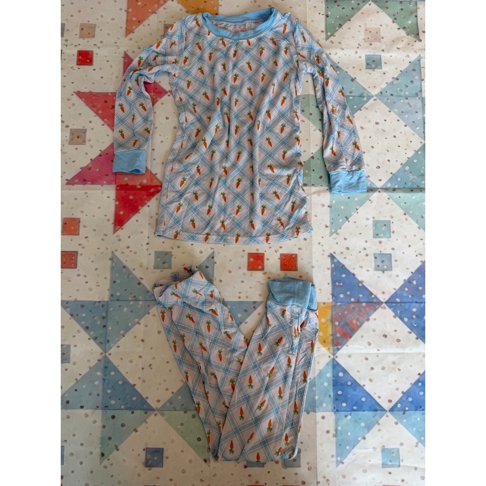 Stitchy Fish Toddler 3T Bamboo Pajamas Blue Plaid Carrot Print 2 Piece Set